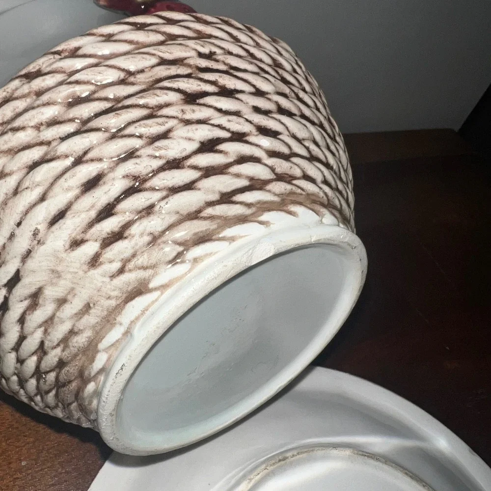 Strawberry Pitcher and Saucer Set White Brown Rustic Basket Weave Decor Ceramic